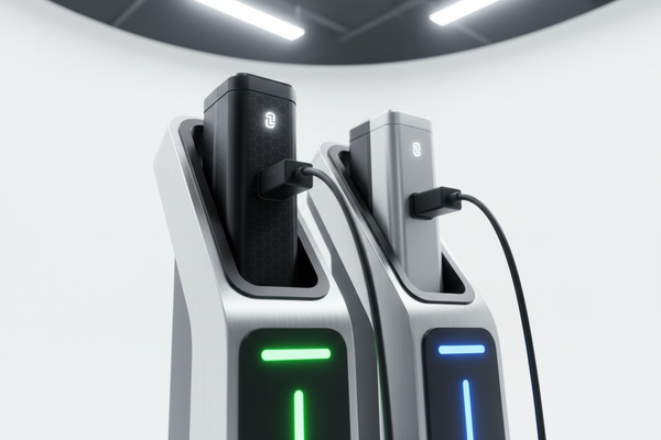 2 ebike batteries being charged in a ebike charging station 