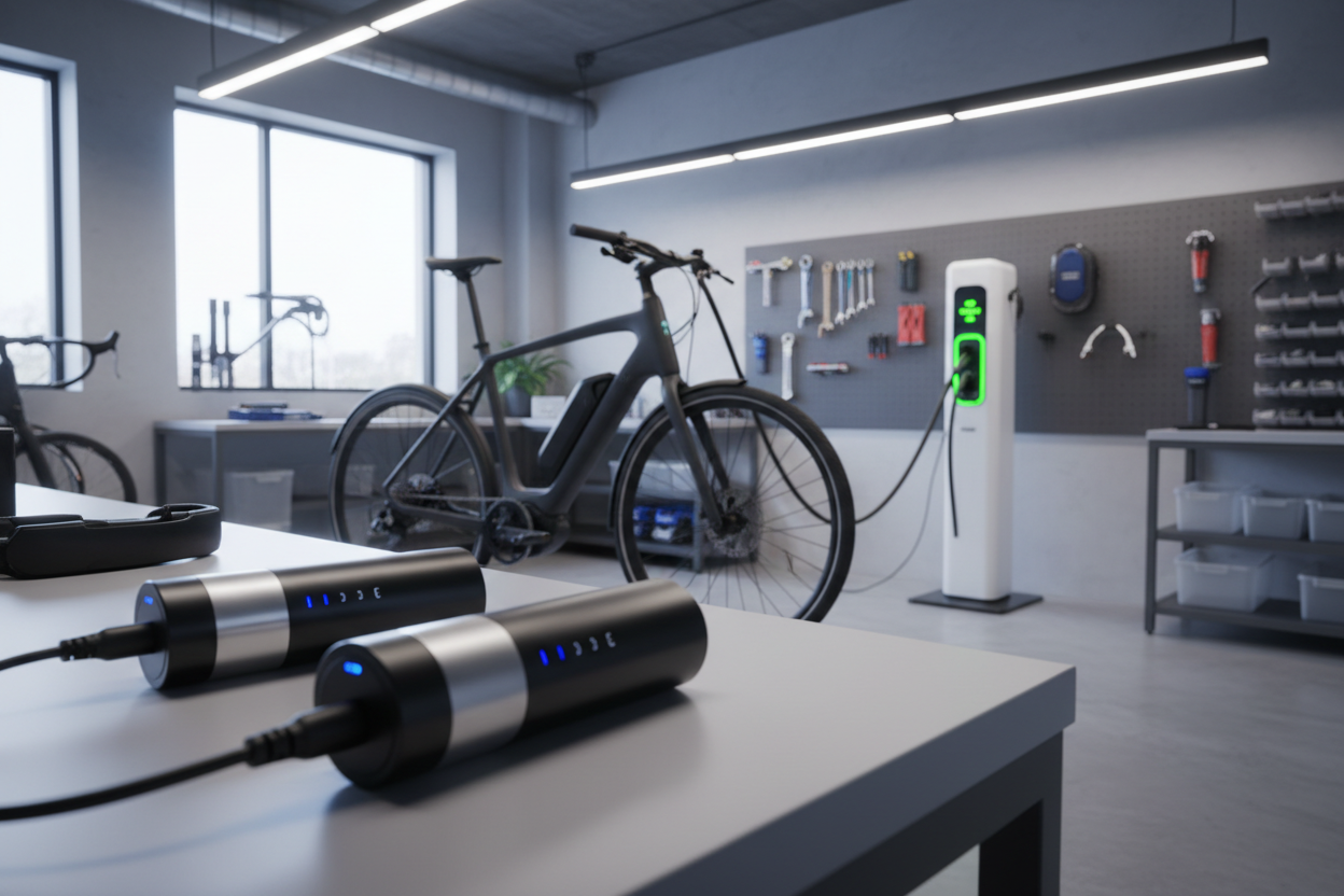 2 ebike batteries next to an ebike being charged in a ebike charging station