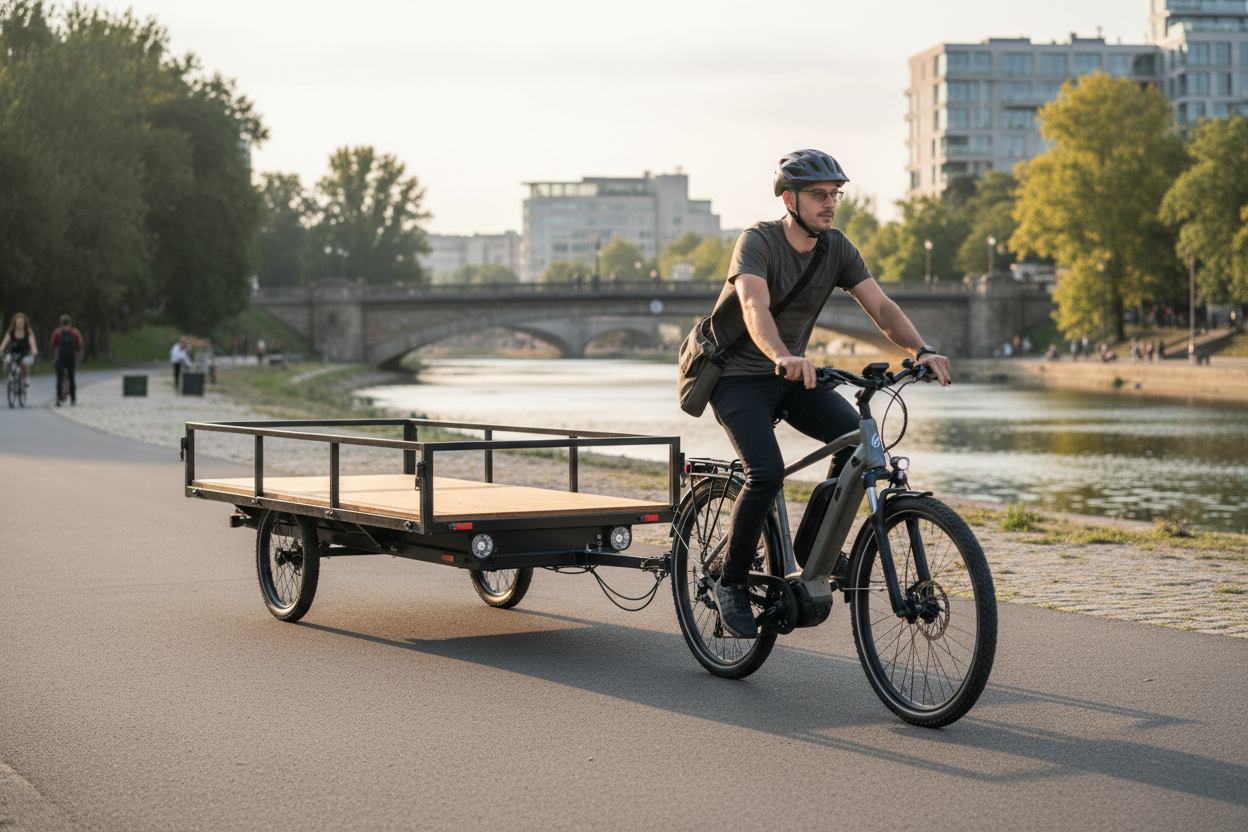 ebike driver with a large flatbead tow trailer