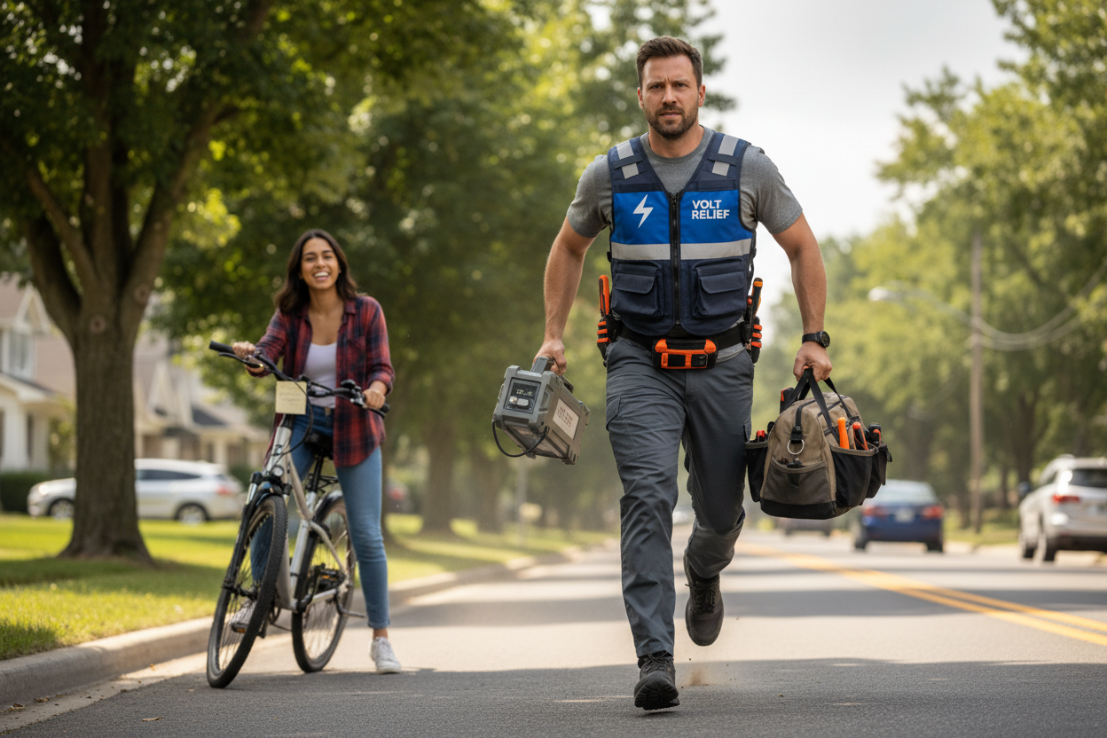 ebike serviceman running to provide emergency charging service to a client stuck 