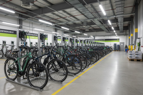 Ebikes being charged in a ebike charging station warehouse